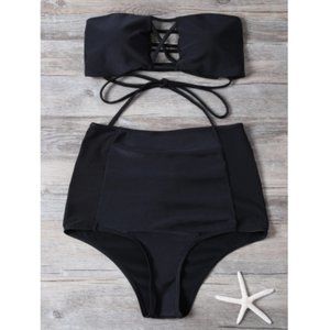 Cut Out High Waisted Lace-Up Strapless Swimsuit